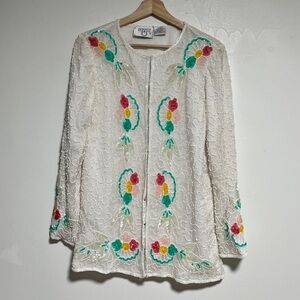Vintage Cervelle White Beaded Floral Jacket – 100% Silk, Made in India, Small